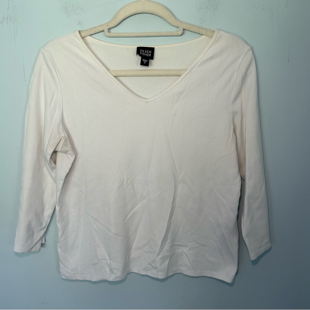 Eileen Fisher White 100% Cotton 3/4 Sleeve V-Neck Top Size Small